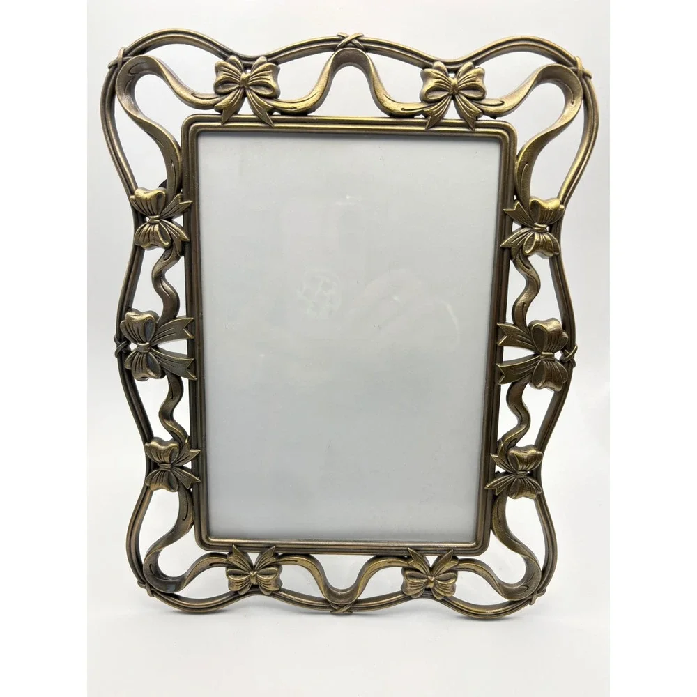 Vintage Antique Brass Ribbon & Bow Openwork Picture Frame 5x7 Coquette Romantic